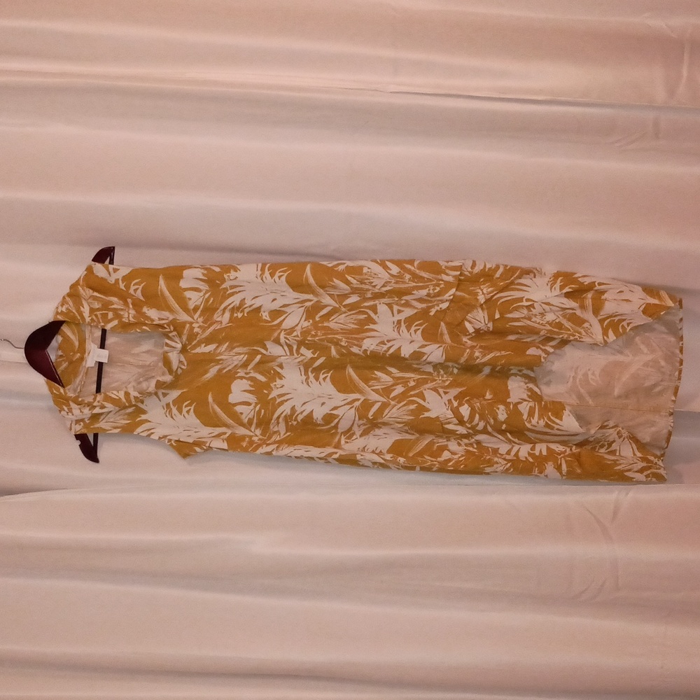 Cynthia Rowley tropical mustard dress with white flowers. Large. Linen&v…